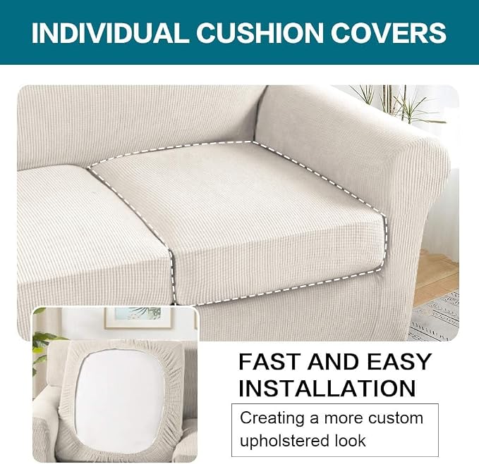 Turquoize 4 Piece Sofa Covers for 3 Cushion Couch Sofa Slipcover Soft Couch Cover for Dogs Washable Furniture Cover with 3 Individual Large Cushion Covers Feature Fabric (Large Sofa, Ivory)
