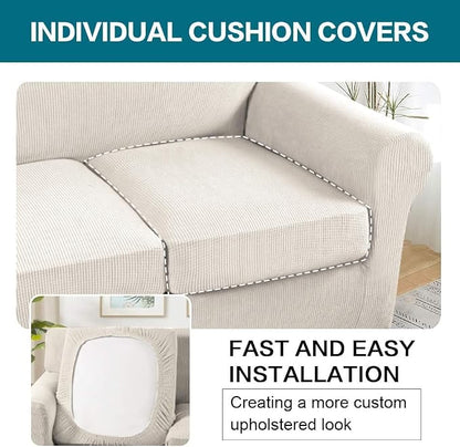 Turquoize 4 Piece Sofa Covers for 3 Cushion Couch Sofa Slipcover Soft Couch Cover for Dogs Washable Furniture Cover with 3 Individual Large Cushion Covers Feature Fabric (Large Sofa, Ivory)