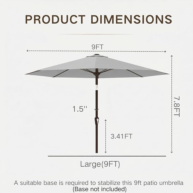Kingdura 9FT Outdoor Patio Umbrella, Round Market Table Umbrella with Push‑Button Tilt and Crank Lift, 8 Sturdy Metal Ribs, UV50+ Protection Canopy for Backyard, Lawn, Deck, Poolside, Garden (Light grey)