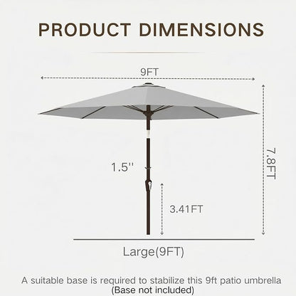 Kingdura 9FT Outdoor Patio Umbrella, Round Market Table Umbrella with Push‑Button Tilt and Crank Lift, 8 Sturdy Metal Ribs, UV50+ Protection Canopy for Backyard, Lawn, Deck, Poolside, Garden (Light grey)