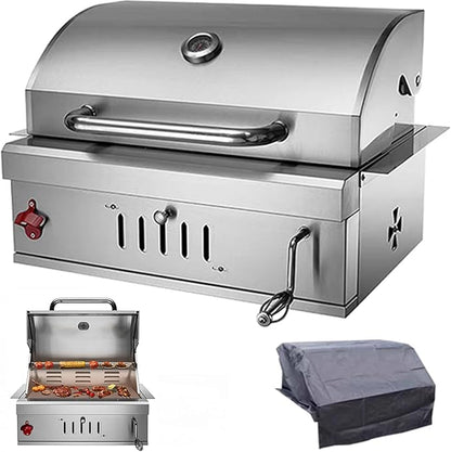 Built In Charcoal Grills Outdoor Kitchens,28-Inch Stainless Steel Charcoal bbq Grill Built In with Liftable Charcoal Tray,Insulated Hood, Temperature Gauge and Rain Fabric cover (Round Lid)