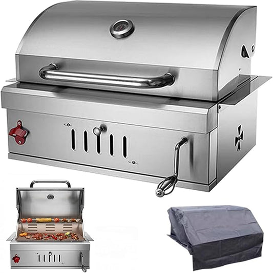 Built In Charcoal Grills Outdoor Kitchens,28-Inch Stainless Steel Charcoal bbq Grill Built In with Liftable Charcoal Tray,Insulated Hood, Temperature Gauge and Rain Fabric cover (Round Lid)