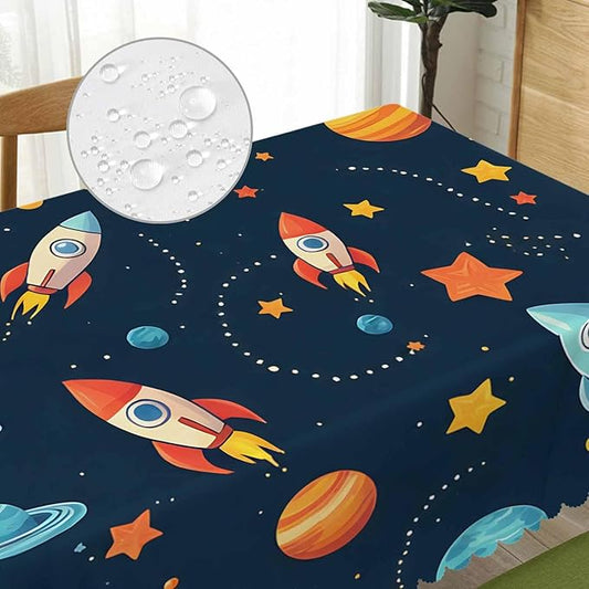 Table Cloth Galaxy Space, Cute Spacecraft Planet Solar System Farmhouse Tablecloth Soft Table Cover for Kitchen Dinning Tabletop Decoration, 52x70 Inch Fitted Tablecloth