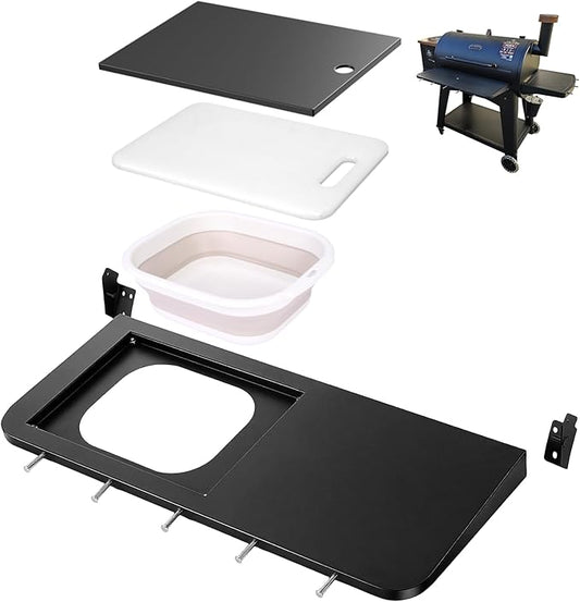 Utheer Upgraded Folding Front Shelf for Pit Boss Austin XL 1000 & Savannah 1500 Pellet Grills, 29.5" × 13.7" Heavy-Duty BBQ Prep Table with Cutting Board, Foldable Basin, Lid & 5 Hooks, 60-LB Load