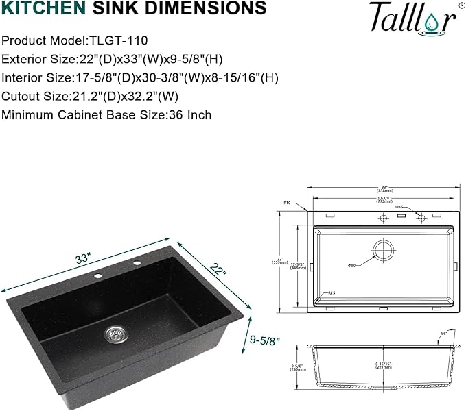 33 Inch Granite Composite Kitchen Sink - Matte Black Drop In Granite Kitchen Sink, Workstation All-In One Classic Quartz Top Mount Single Bowl Sinks for Modern Kitchen, 33"x22" #TLGT-123