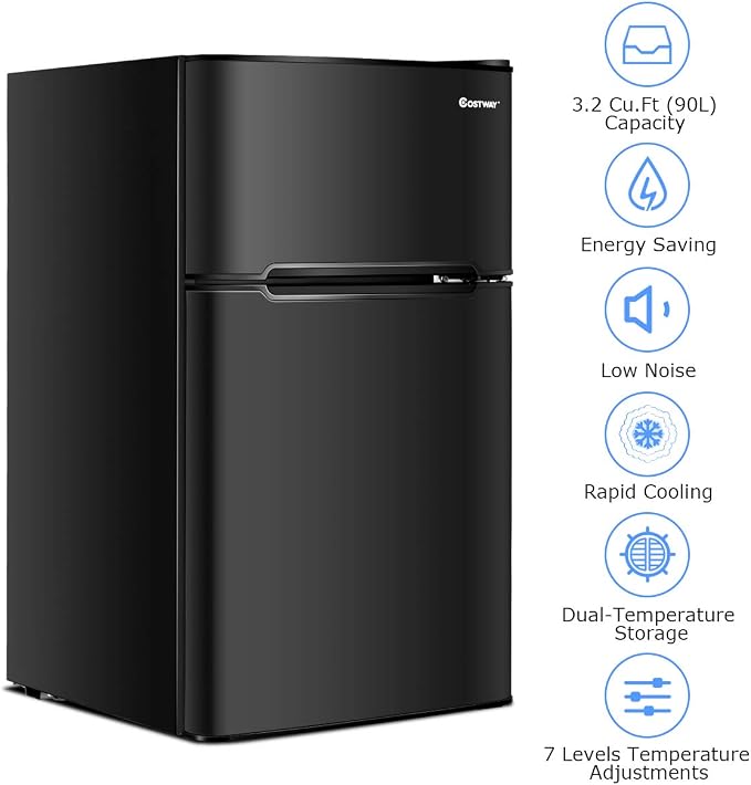 COSTWAY 3.2 Cu.ft. Mini Fridge with Freezer for Bedroom, Dorm, Office | Small Compact Refrigerator with Reversible 2-Door, Adjustable Temperature, LED Lights, Removable Glass Shelves, Black