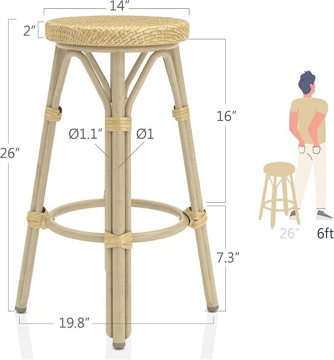 Seadrift Boho 26-inch Aluminum and All-Weather Wicker Barstools with Footrest, Patio Stools & Bar Chairs for Outdoor, Kitchen Counter, Poolside, Yard, Set of 2, Natural
