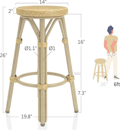 Seadrift Boho 26-inch Aluminum and All-Weather Wicker Barstools with Footrest, Patio Stools & Bar Chairs for Outdoor, Kitchen Counter, Poolside, Yard, Set of 2, Natural