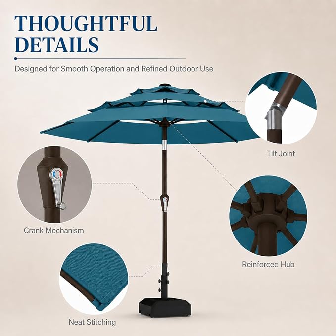 10ft Patio Umbrella, 3-Tier Vented Outdoor Table Umbrella with 8 Sturdy Fiberglass Ribs, Windproof Market Umbrella with Push Button Tilt and Crank, UV Protection for Deck, Pool, Lake Blue