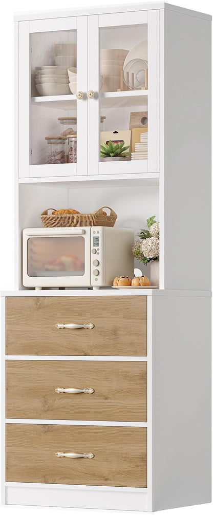 71“ Tall Kitchen Pantry Storage Cabinet with Microwave Stand, Buffet Kitchen Hutch with Shelves and Drawers, Wood Coffee Bar Pantry Cabinet with Glass Doors, for Dining Room/Small Space, Khaki