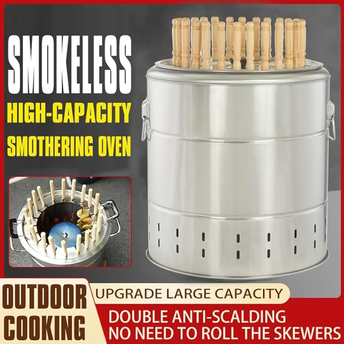 Smokeless Barbecue Hanging Grill With 28 Skewers Stainless Steel Charcoal BBQ Stove Charcoal Braised Grill Barrel Large Capacity Portable 360° All Round Roasting Oven (42cm*39cm (16.5''x15.4''))
