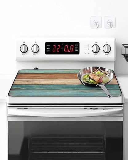 Stove Top Covers for Electric Stove 31x24 Inches,Turquoise Brown Retro HeatResistant Glass Cooktop Protector,Vintage Farmhouse Wood Grain Ceramic Stovetop Countertop Covers Mat,Distressed Oven Cover