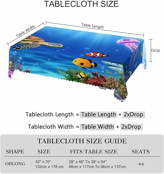 Sea Turtle Kitchen Tablecloth Ocean Underwater Jellyfish Shark Coral Reef Indoor Outdoor Table Cover Anti-Oil Table Cloths for Wedding Banquet Dinner Tablecloths, 52x70 Inch(4-6 Seats)
