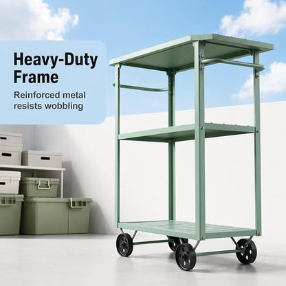 3-Tier Metal Rolling Cart with Wheels, 39.37x15.74x41 in, Pea Green | Indoor & Outdoor Use, Convenient Handles, Waterproof & Rustproof, Stronger Load Bearing, Kitchen & Garden Use