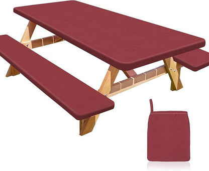 Picnic Table and Bench Cover Set, Waterproof Fitted Elastic Cloth | Portable Camping Essentials With Built-In Storage Pocket And Waterproof Fabric For Outdoor RV Or Picnic Table Use