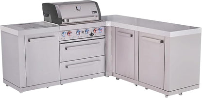 Mont Alpi Premium 82"W x 75"D x 46"H L-shaped Stainless Steel Modular Outdoor Kitchen Island with Side Burner + 32"W 4-Burner BBQ Gas Grill + White Granite Countertops + Storage Cabinets and Drawers