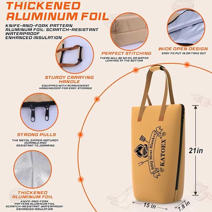 Reusable BBQ Blanket Bag, Insulated Meat Resting Bag, Large Capacity, Wide Mouth, Double Zipper, 21' L x 15' W x 7.8' H, Regular 21in