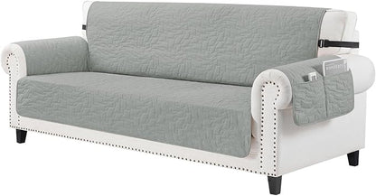 CUCRAF Non Slip Quilted Sofa Cover, Water Resistant Slipcover Furniture Protector for 3 Cushion Sofa Pet Friendly, Washable Couch Cover with Adjustable Elastic Straps (X-Large, Light Gray)