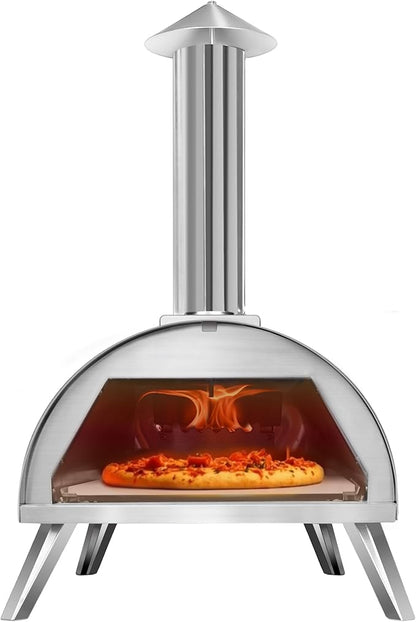 12" Wood Pellet Pizza Oven – Portable Stainless Steel Outdoor Pizza Maker with Built-In Thermometer, Foldable Legs, Carry Handle & Cordierite Pizza Stone for Backyard, Patio & Camping