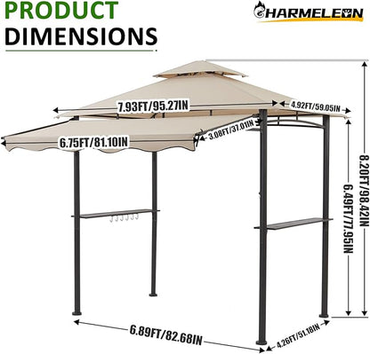 CHARMELEON 8x8 FT Grill Gazebo, Grill Canopy with Big Awning&2 Side Shelves&6 Hooks&Bottle Opener, Powder-Coated Steel BBQ Shelter for Patio Backyard Outdoor Grilling-Beige