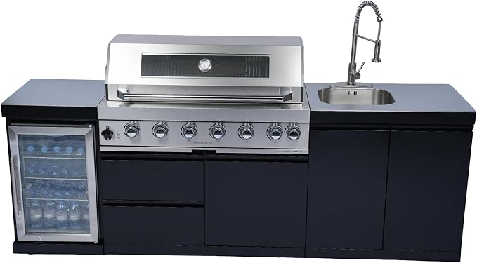 96" 6-Burner 85000 BTU Outdoor Kitchen Island,304 Stainless Steel Modular LPG BBQ Grill Combination With Granite Countertops, Storage Cabinet, Refrigerator and Sink (96"-Black&Sivler, Propane Gas)