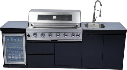 96" 6-Burner 85000 BTU Outdoor Kitchen Island,304 Stainless Steel Modular LPG BBQ Grill Combination With Granite Countertops, Storage Cabinet, Refrigerator and Sink (96"-Black&Sivler, Propane Gas)
