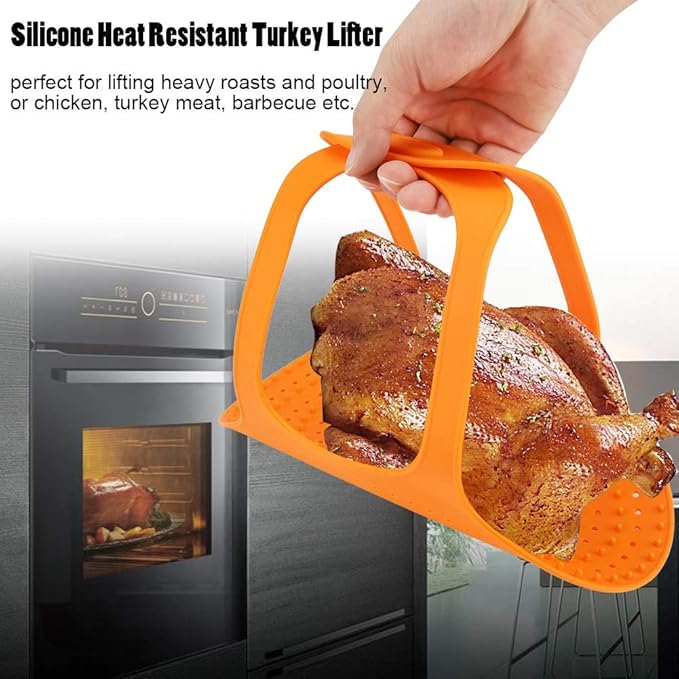 Heat Resistant Turkey Lifter, Silicone Roasting Rack Non Stick, Food Grade Silicone Non Stick Turkey Lifter with Anti Scald Feature Turkey Lifter for Roasts (Orange)