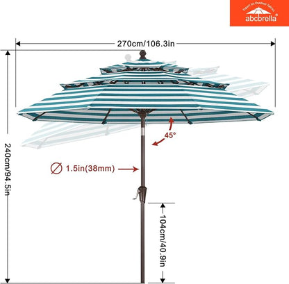 ABCCANOPY 9FT 3-Tier OLEFIN® Patio Umbrella with Stripe, 5-Year No Fading | Heavy Duty Fade-Resistance Outdoor Umbrella, 8 Sturdy Ribs, Tilt, Crank for Backyard, Garden, Yard, Pool, Turquoise Stripe