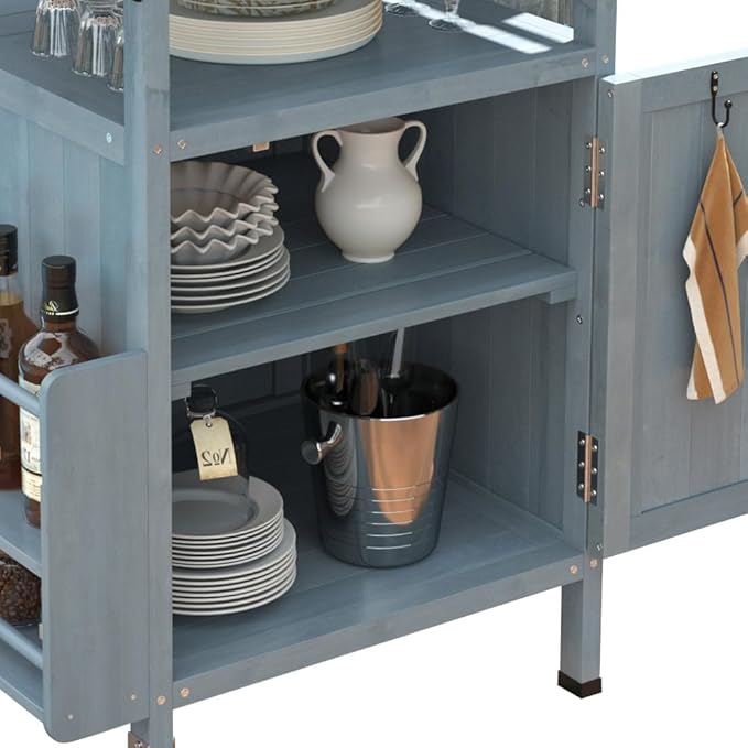 Outdoor Grill Cart with Stainless Steel Top, Solid Wood Outdoor Storage Cabinet with Drop Leaf, One Drawer, Towel Rack, Rolling Kitchen Cart with Lockable Wheels for Lawn Garden (Blue+Grey@072)