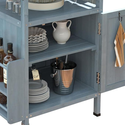 Outdoor Grill Cart with Stainless Steel Top, Solid Wood Outdoor Storage Cabinet with Drop Leaf, One Drawer, Towel Rack, Rolling Kitchen Cart with Lockable Wheels for Lawn Garden (Blue+Grey@072)