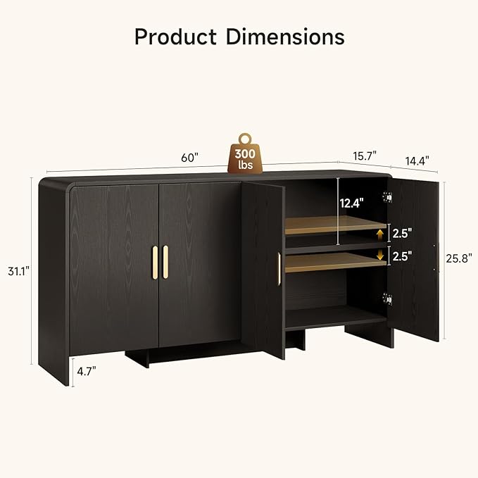 60" Sideboard Buffet Cabinet, Large Curved Design Storage Cabinet with 4 Doors & 2 Adjustable Shelves, Sturdy Build, Easy Assembly, Bar Console Fit for Dining Room/Living Room/Kitchen, Black