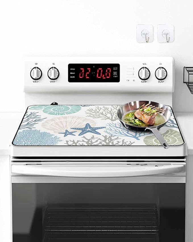Stove Top Covers for Electric Stove 36x21 Inches, Coastal Coral HeatResistant Glass Cooktop Protector, Blue Nautical Starfish Ocean Shell Beach Ceramic Stovetop Countertop Covers Mat, Oven Cover