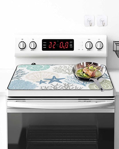 Stove Top Covers for Electric Stove 36x21 Inches, Coastal Coral HeatResistant Glass Cooktop Protector, Blue Nautical Starfish Ocean Shell Beach Ceramic Stovetop Countertop Covers Mat, Oven Cover