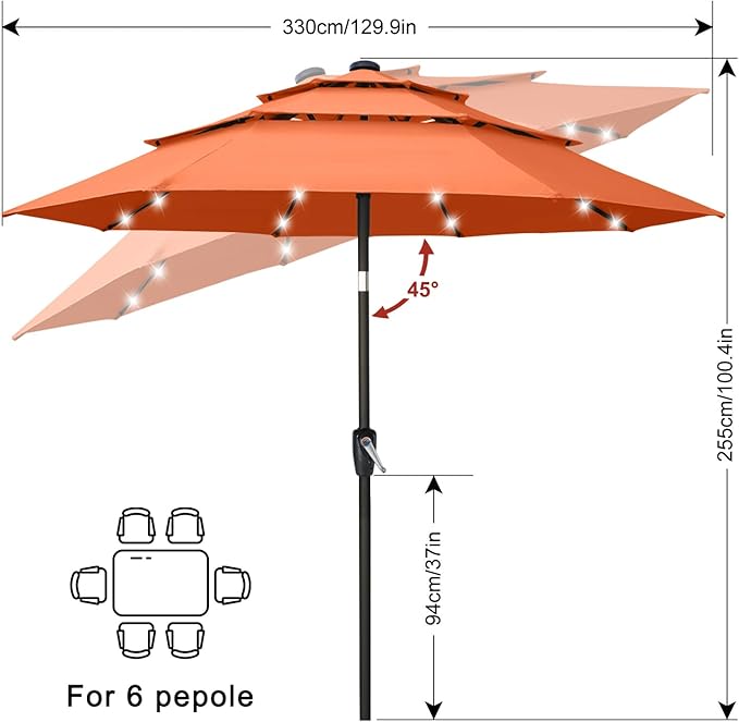 ABCCANOPY 3-Tiers 11FT Solar Patio Umbrella, Outdoor Umbrella with 32 LED Lights for for Deck, Pool, Garden, Backyard (Orange)