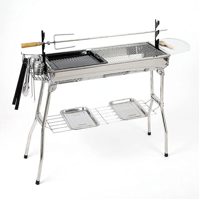 Large Barbecue Grill Stainless Steel BBQ Charcoal Grill Smoker Barbecue Folding Portable for Outdoor Cooking Camping Hiking Picnics Backpacking with Baking Tray 73 * 70 * 33cm