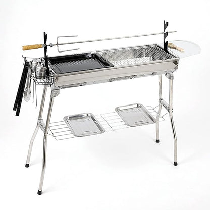 Large Barbecue Grill Stainless Steel BBQ Charcoal Grill Smoker Barbecue Folding Portable for Outdoor Cooking Camping Hiking Picnics Backpacking with Baking Tray 73 * 70 * 33cm