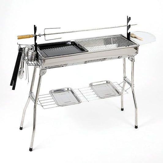 Large Barbecue Grill Stainless Steel BBQ Charcoal Grill Smoker Barbecue Folding Portable for Outdoor Cooking Camping Hiking Picnics Backpacking with Baking Tray 73 * 70 * 33cm