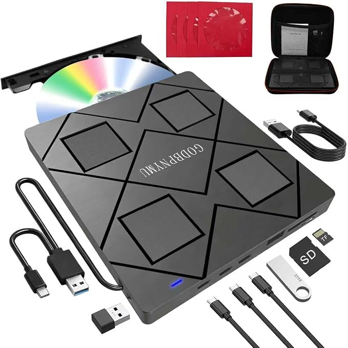 External CD Drive: an 8-in-1 DVD Player for Laptop Featuring USB*2 /C*2,TF/SD Card Reader.CD/DVD +/-RW Burner,Compatible with Windows 11/10/ 8/7/XP,Linux,Mac os. Comes with 1+4 Storage Bag