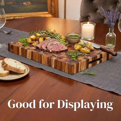Teak Wood End Grain Cutting Board 16 x 11 Inch, Extra Thick 1.5 Inch Butcher Block for Meat & Kitchen Prep, Solid Non-toxic Wood Cutting Board with Juice Groove by New M Way