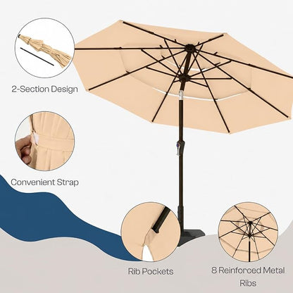 10ft 3 Tier Patio Umbrella, Outdoor Market Table Umbrella with UPF 50+ Vented Canopy, 8 Sturdy Ribs, Easy Push Button Tilt and Crank, Windproof for Deck, Pool, Backyard and Garden