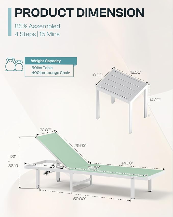 Pool Lounge Chairs Set of 2, Aluminum Outdoor Lounge Chairs with Wheels and 5-Position Recliner -Easy to Move- Patio Chaise Lounge Outdoor for Poolside, Deck, Beach (LightGreen)