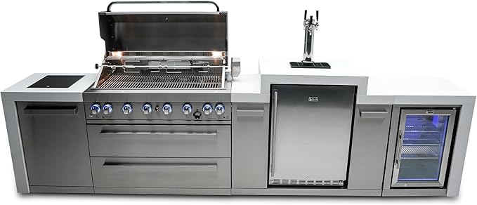 Mont Alpi 142"W Stainless Steel Deluxe Modular Outdoor Kitchen Island with Refrigerator + 3 Tap Kegerator Fridge Dispenser + 44"W 6-Burner BBQ Grill + Granite Countertops + Storage Cabinets & Drawers