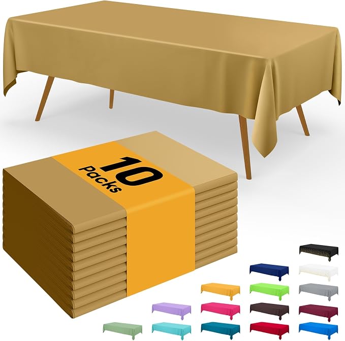 Smiry Disposable Table Cloth - 10 Pack, 54 x 108 Inch Waterproof Rectangle Tablecloths for Parties, Decorative Plastic Table Cover, Leakproof & Sturdy, Gold