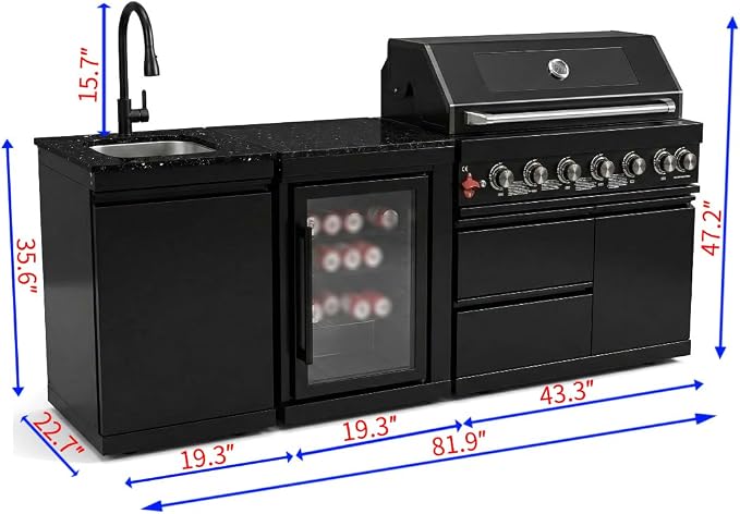 82 Inch Outdoor Kitchen Island, 6-Burner 85000 BTU Propane Stainless Steel BBQ with Side/Rear Burners, With Refrigerator and Sink, Rotisserie, Marble Countertops, Storage, For Backyard BBQ