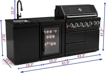 82 Inch Outdoor Kitchen Island, 6-Burner 85000 BTU Propane Stainless Steel BBQ with Side/Rear Burners, With Refrigerator and Sink, Rotisserie, Marble Countertops, Storage, For Backyard BBQ