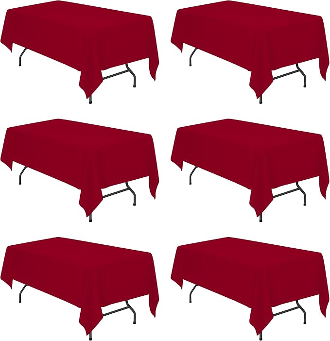 BRILLMAX 6 Pack Burgundy Tablecloths 60x102 Inch for 6ft Rectangle Tables | 150 GSM Polyester Fabric, 15" Standard Drop, Water, Stain & Wrinkle Resistant Cloth Cover for Wedding Reception Banquet Party