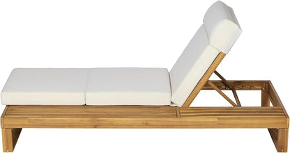 Merax Teak Finish Acacia Wood Chaise Lounge with 4-Inch Beige 4-Fold Cushion Set, Adjustable Outdoor Patio Lounger with Flat Side Surface, for Poolside