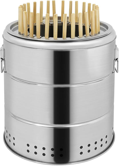 Portable Smokeless Barbecue Charcoal Barrel Grill, Stainless Steel Surround Charcoal Kebab Grill with 30 Skewers and BBQ Grill Cooking Grate, 15.4 Inch Diameter for Outdoor Camping Patio Backyard