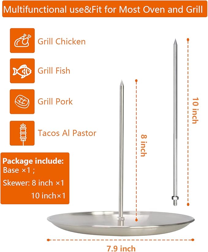 BBQ Vertical Skewer for Al Pastor chicken gyro Pan meat Hack Gaucho, for Home Made Tacos Al Pastor, Shawarma, Brazilian Churrasco,Stainless Steel, with 8 inch & 10 inch stick
