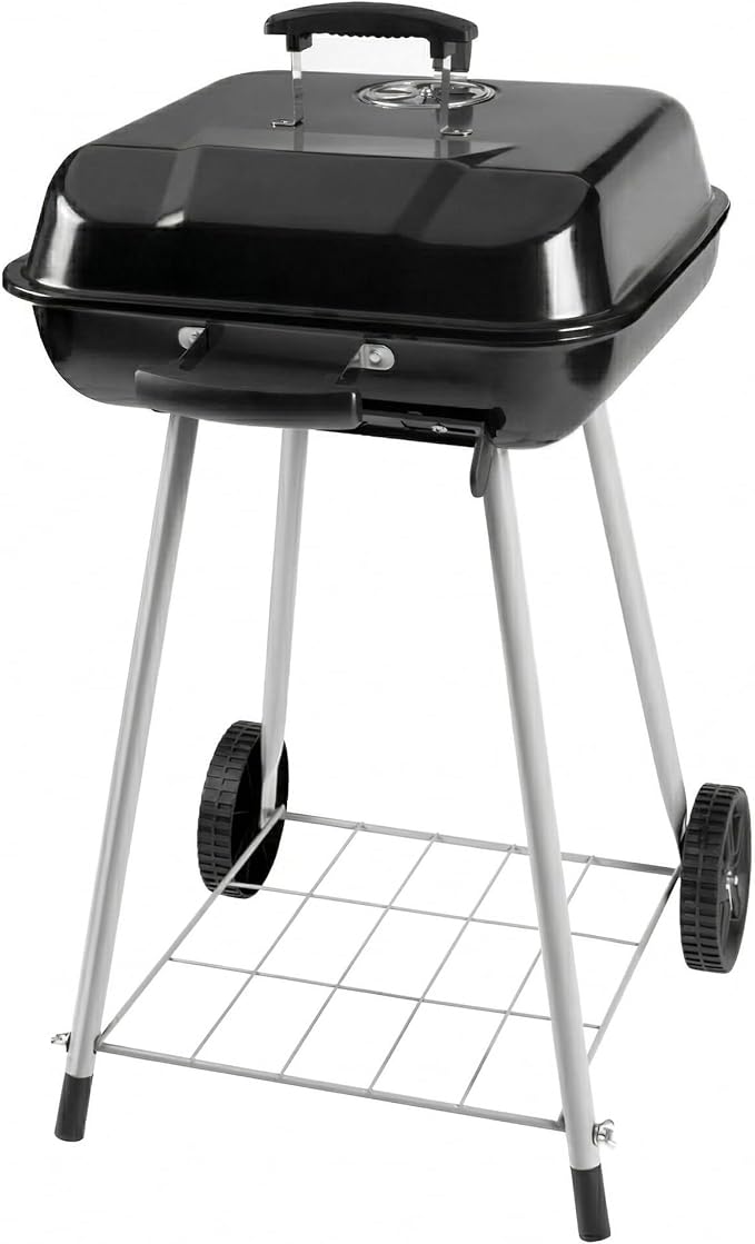 17.5-Inch Square Charcoal Grill with Wheels, 302 Sq In Cooking Surface Outdoor Barbecue BBQ, Porcelain-Coated Steel Freestanding Kettle Grill for Patio, Deck, and Backyard Gatherings, Black